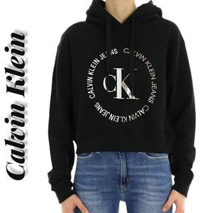 Calvin Klein Jeans Black Cropped Hooded Sweatshirt Hoodie